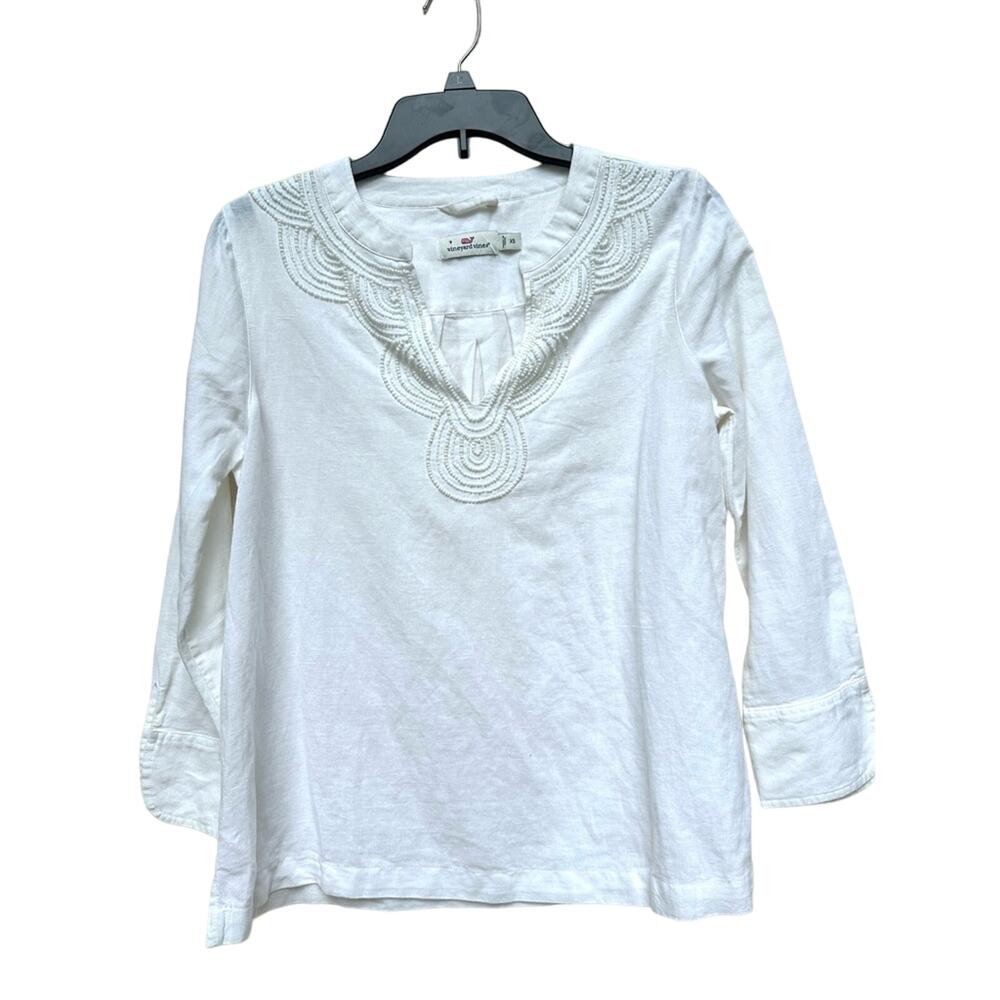 Vineyard Vines White Linen Top Beaded Collar 3/4 Sleeve XS